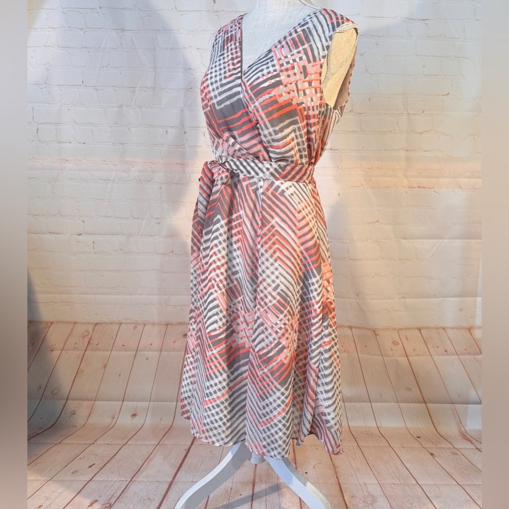 Banana Republic Dress Gray Peach White Faux Wrap Stripes Sleeveless Lined XS
